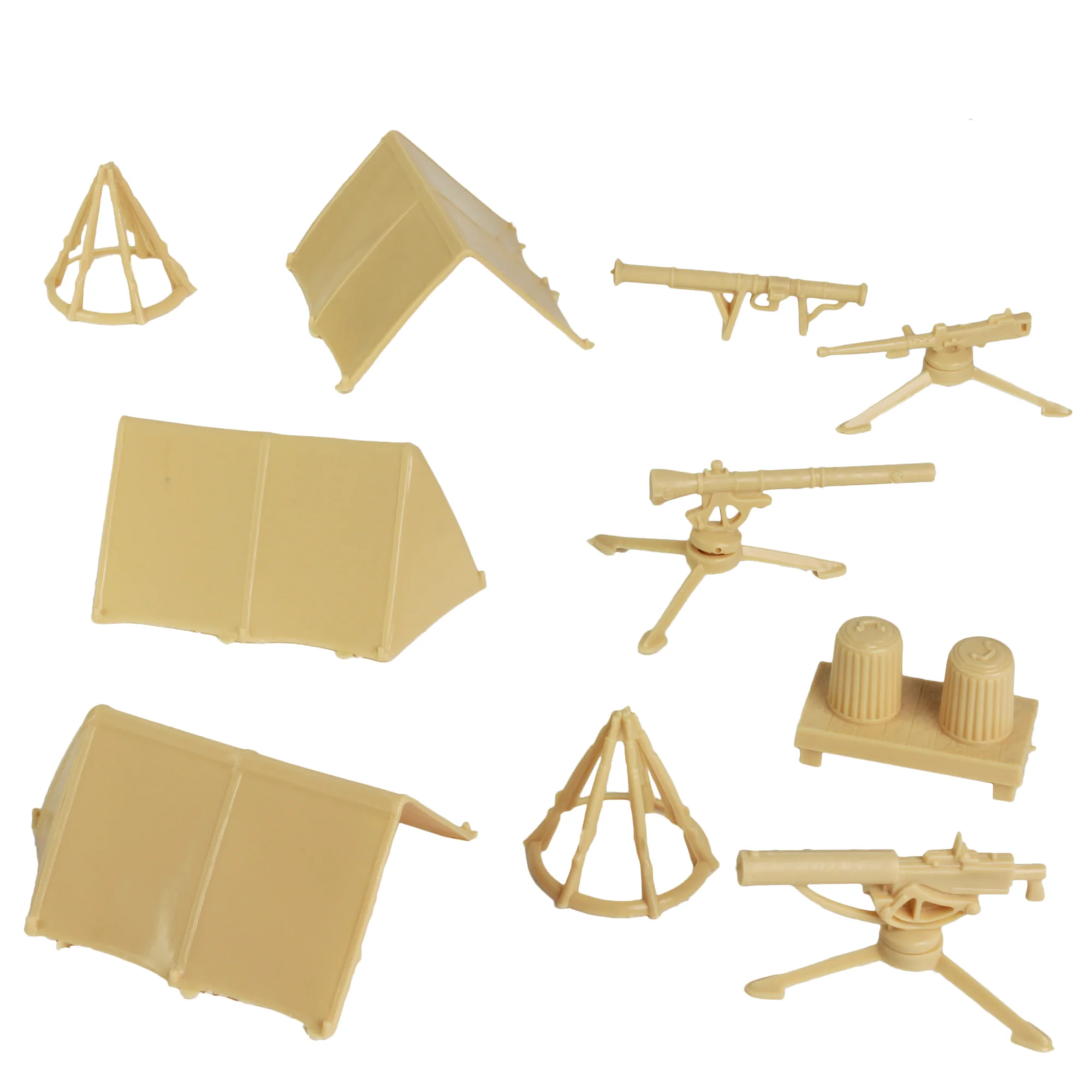 BMC Classic Plastic Army Men Camp Equipment - Desert Tan 10pc Tents & Weapons - Image 3