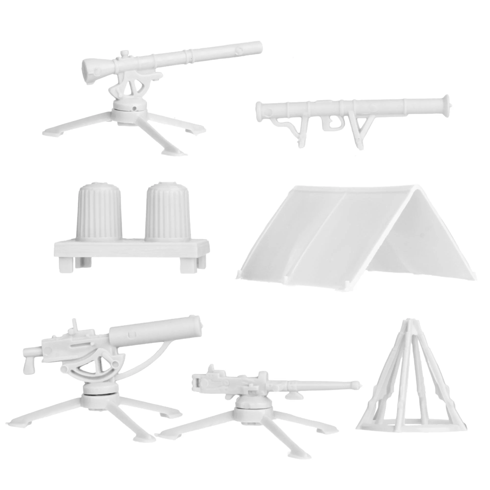 BMC Classic Plastic Army Men Camp Equipment - White 10pc Tents & Weapons US Made - Image 3