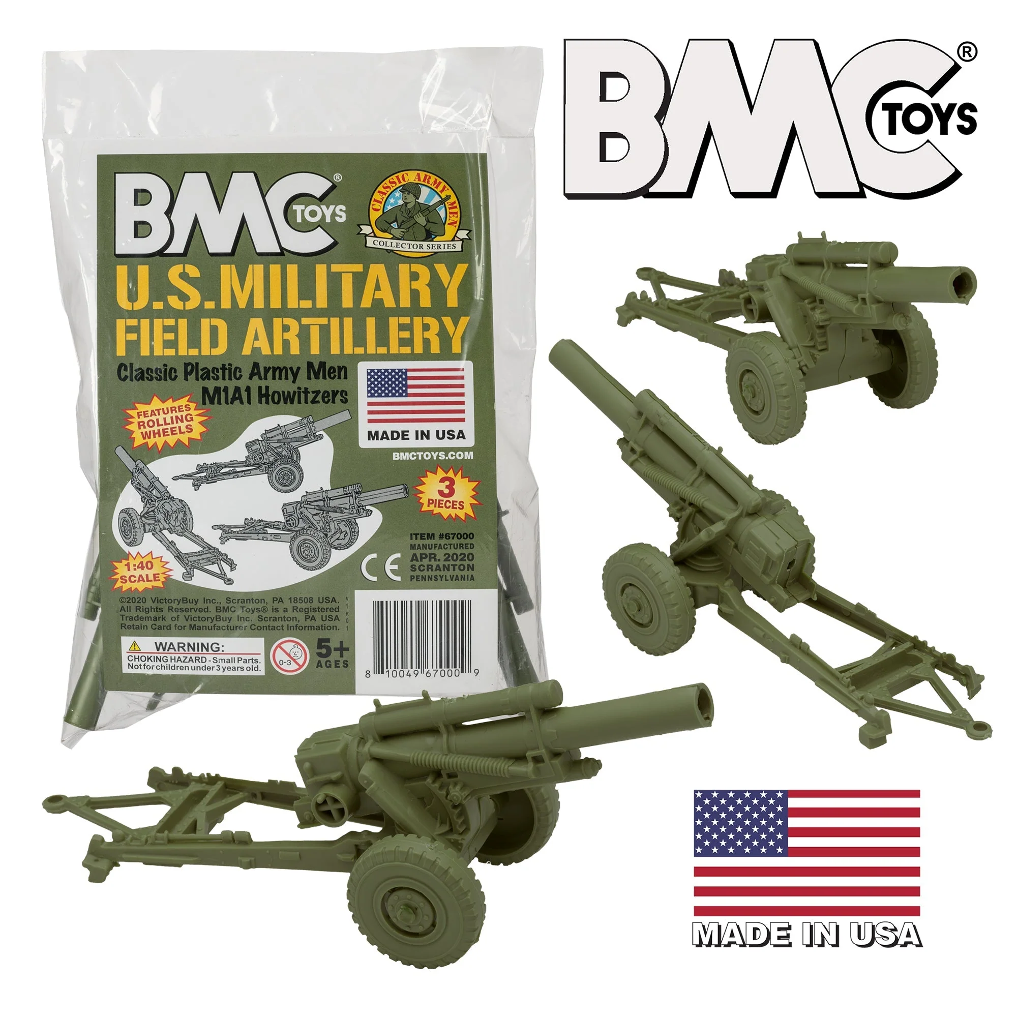 BMC Classic Marx US Military Howitzers OD 3pc Plastic Army Men Field Artillery - Image 8