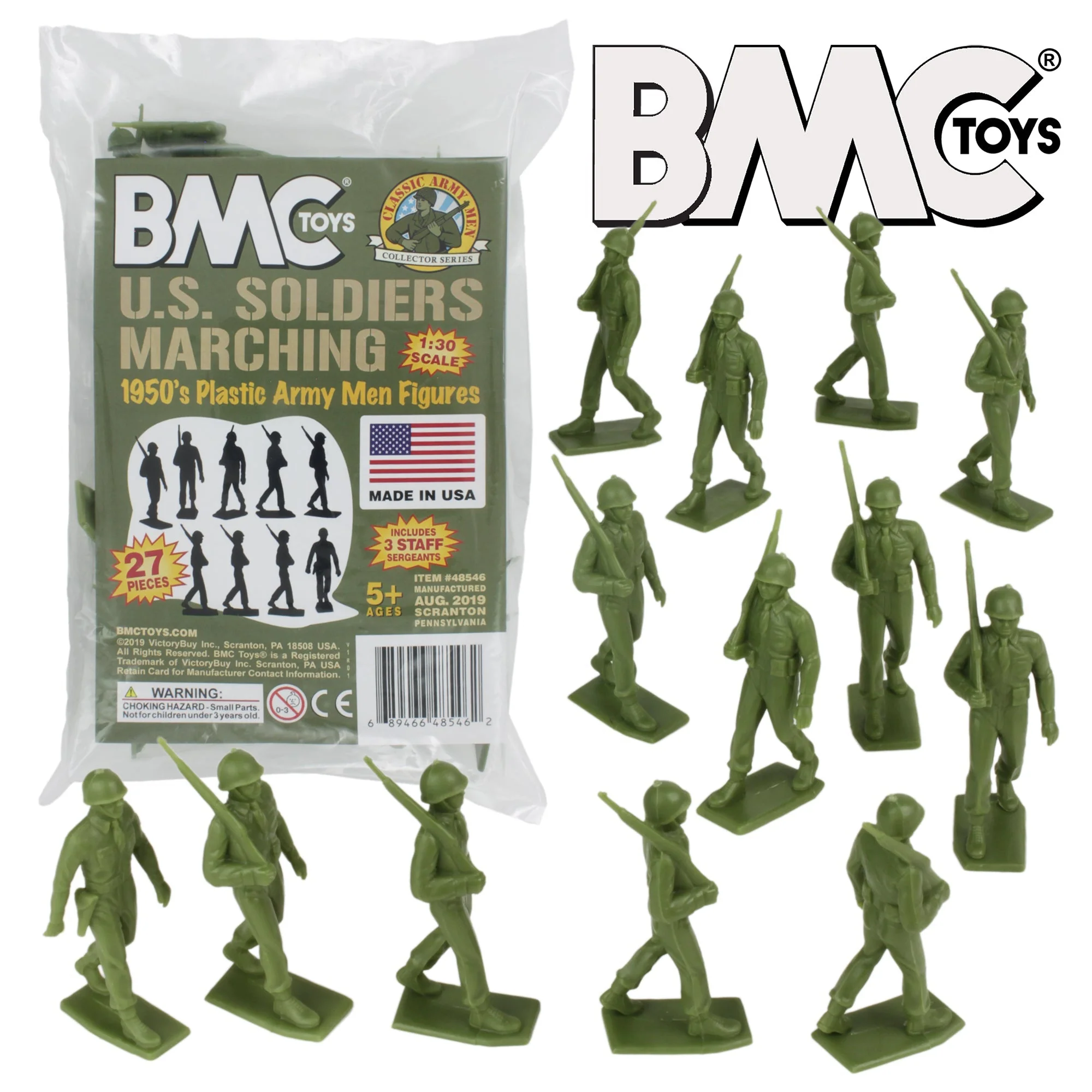 BMC Marx Plastic Army Men Marching US Soldiers OD Green 27pc WW2 Figures US Made - Image 7